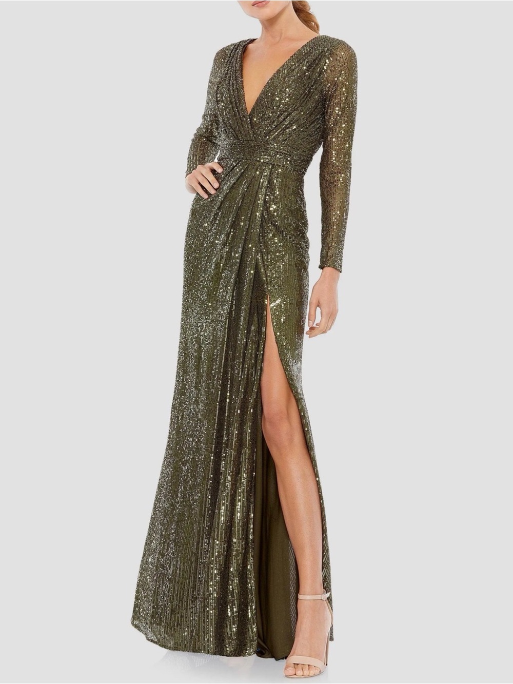 NWT Mac Duggal Olive Sequin V-Neck Long Sleeve Gown with Thigh Slit